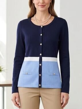 Karen Scott Blue White Colorblock Cardigan Sweater Gold Buttons Small